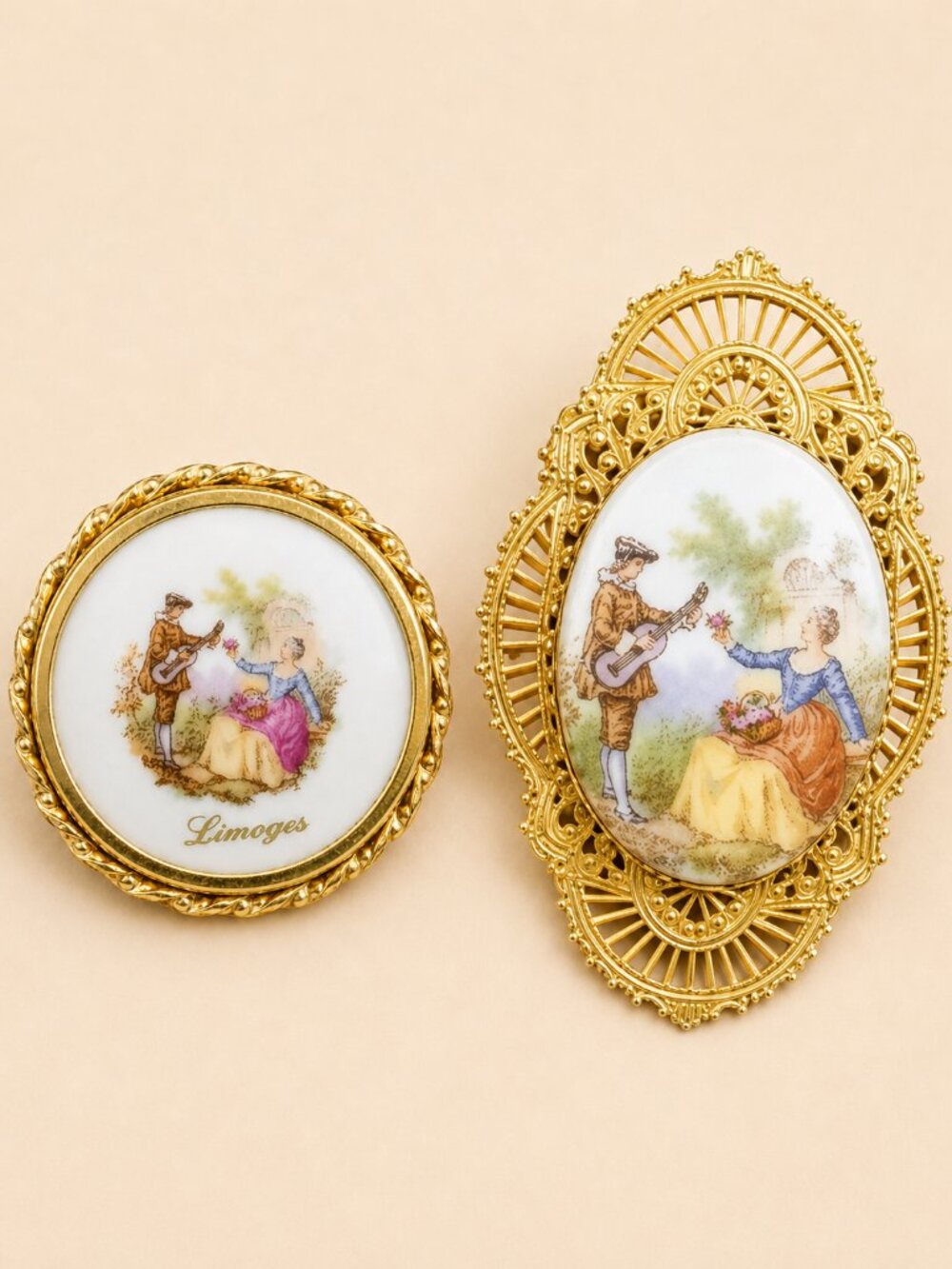 Vintage Limoges France Porcelain 3pc Courting Couple Brooch & Ring Set